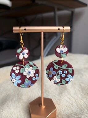 Burgundy Floral Polymer Clay Dangle Earrings with Gold Hooks
